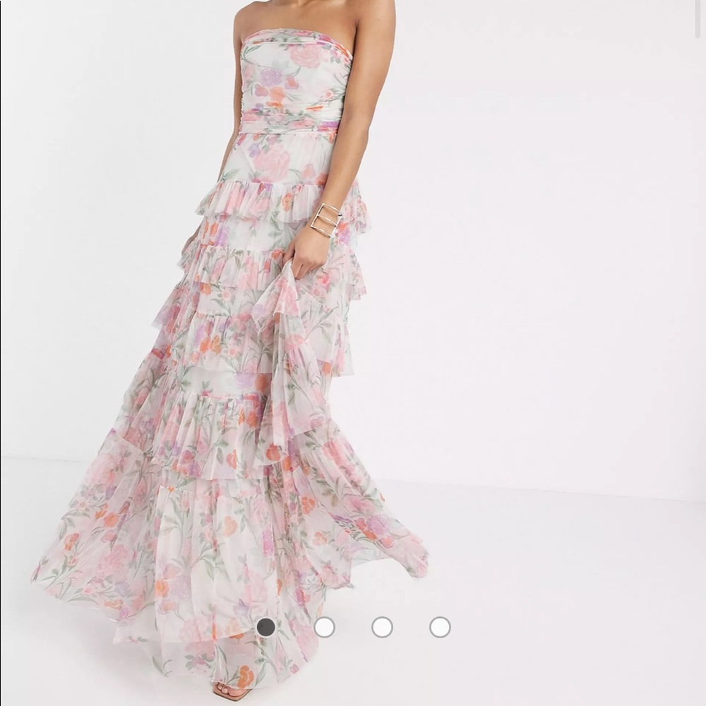 NWT Anaya With Love tulle bandeau tiered maxi dress in pink floral print